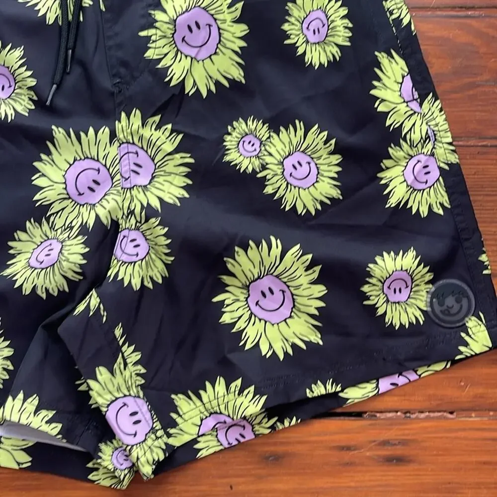 NEFF smiley face sunflower print unlined elastic waist pull on swim trunks sz L